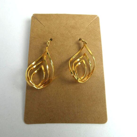 Gold Tone Fishhook Pierced Earrings Twisted Cat Eye Multi Hoops Dangly Dangle - Picture 1 of 5